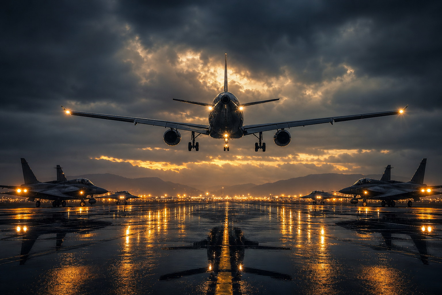 Passenger Aircraft Landing In Rainy Airport Lights Airplanes Wallpaper  8 4K