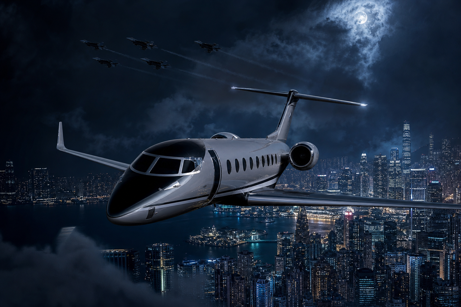 Private Jet Flying Above Night City Skyline Airplanes Wallpaper  4 4K
