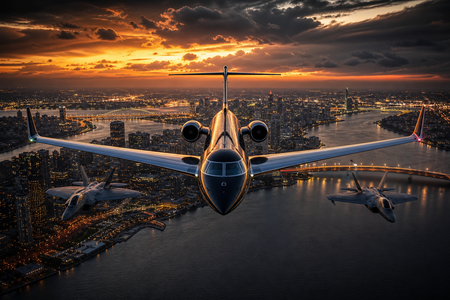 Private Jet Flying Above Night City Skyline Airplanes Wallpaper  4 4K