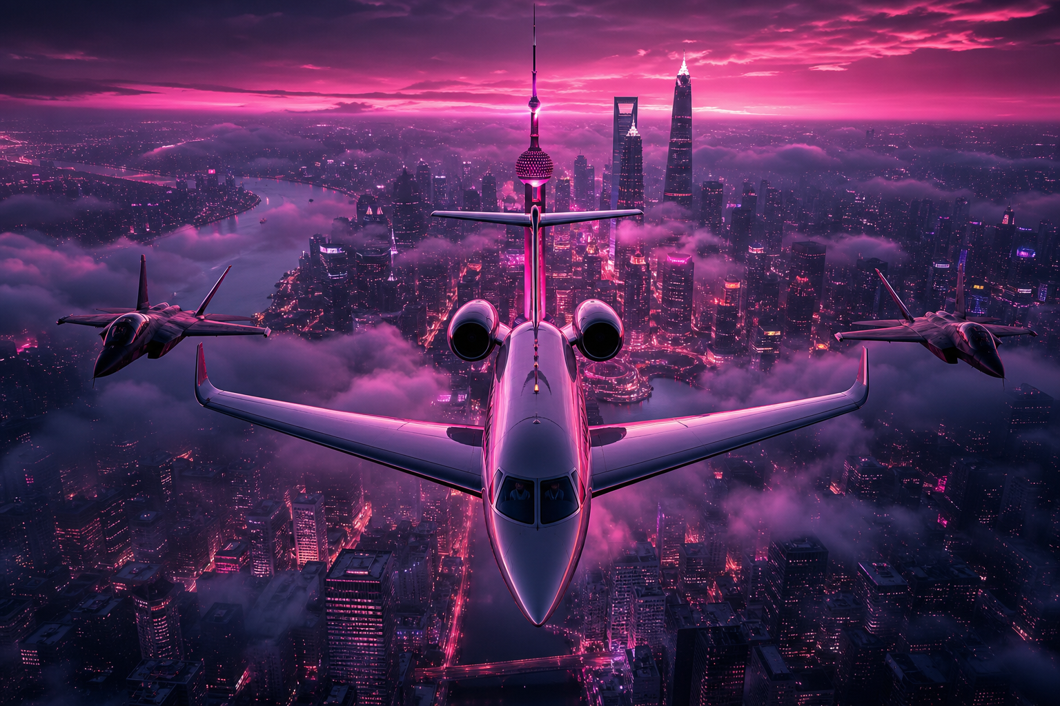 Private Jet Flying Above Night City Skyline Airplanes Wallpaper  4 4K