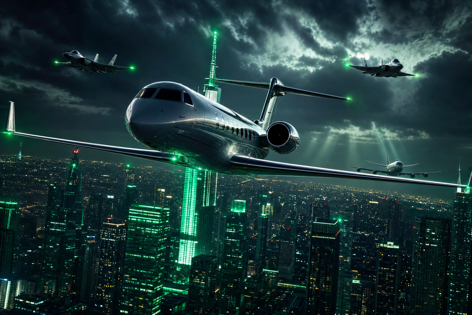 Private Jet Flying Above Night City Skyline Airplanes Wallpaper  4 4K