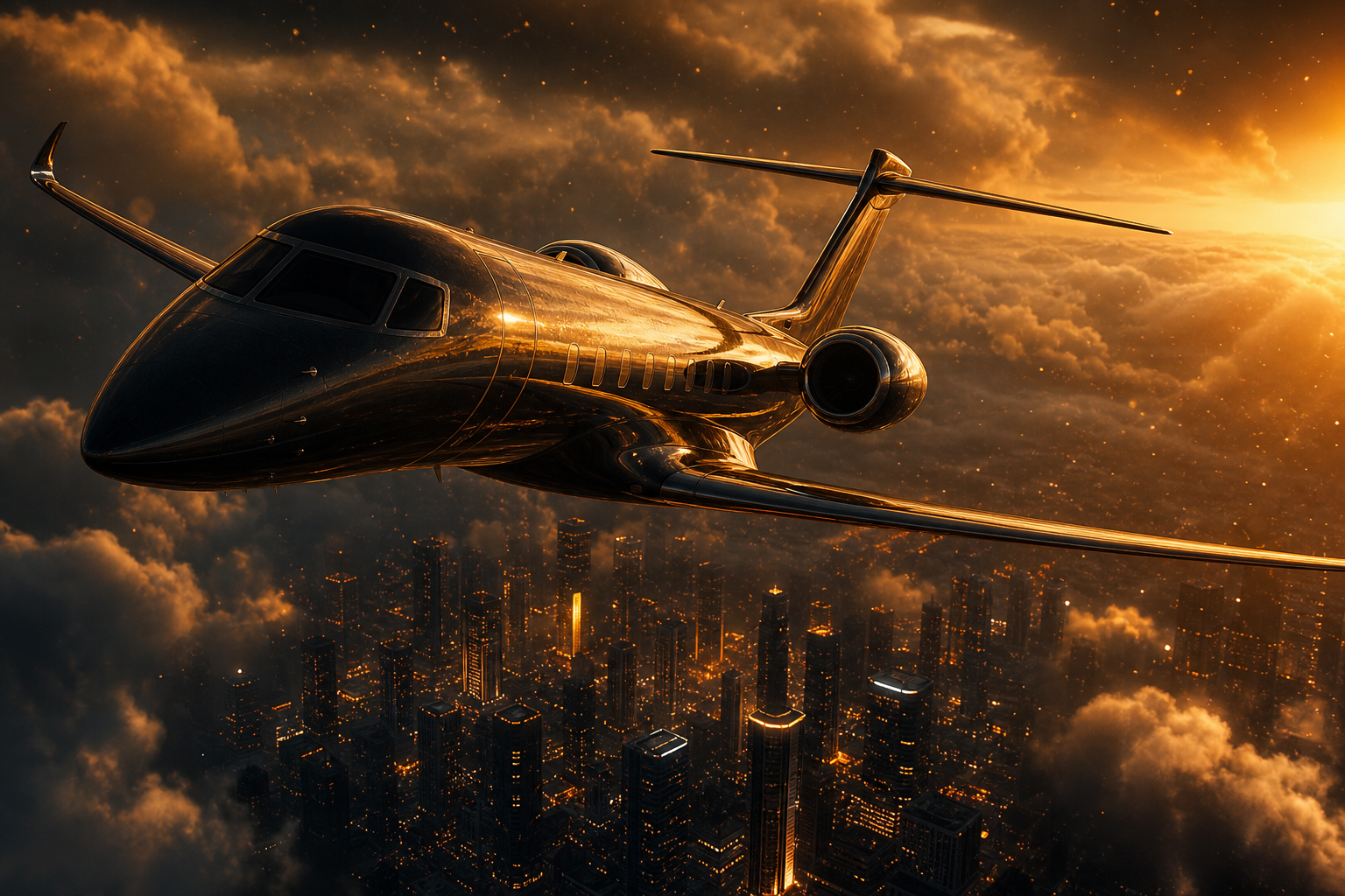 Private Jet Flying Above Night City Skyline Airplanes Wallpaper  4 4K