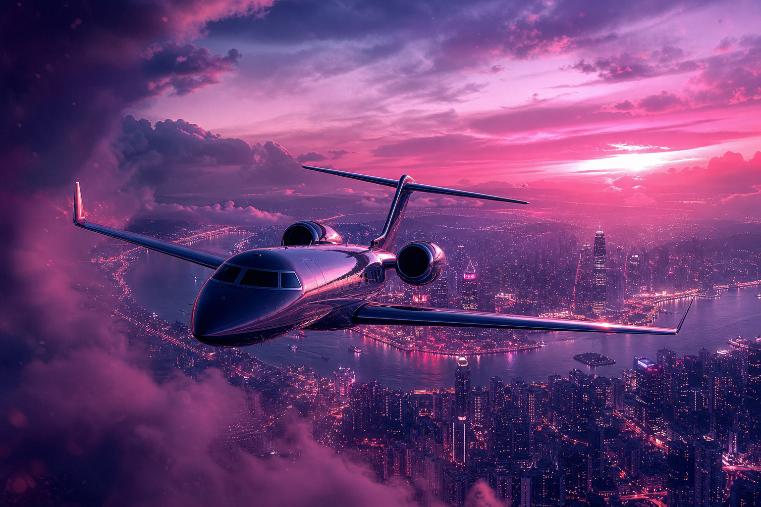 Private Jet Flying Above Night City Skyline Airplanes Wallpaper  4 4K