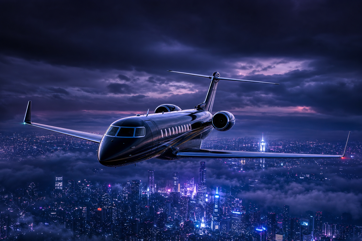 Private Jet Flying Above Night City Skyline Airplanes Wallpaper  4 4K