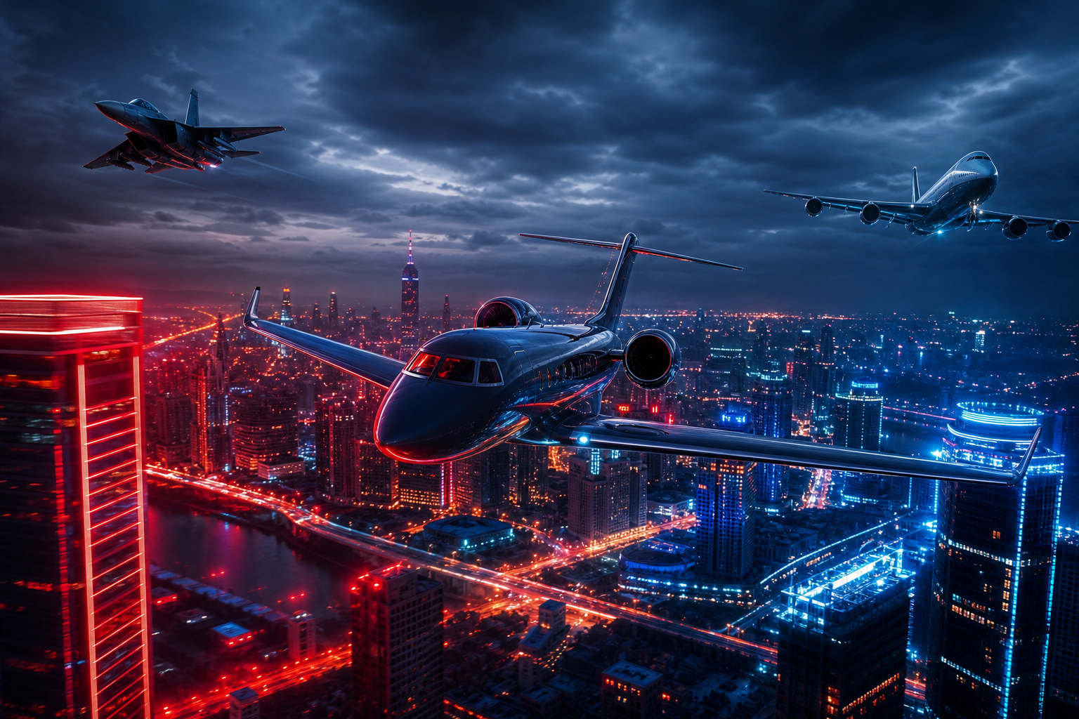 Private Jet Flying Above Night City Skyline Airplanes Wallpaper  4 4K