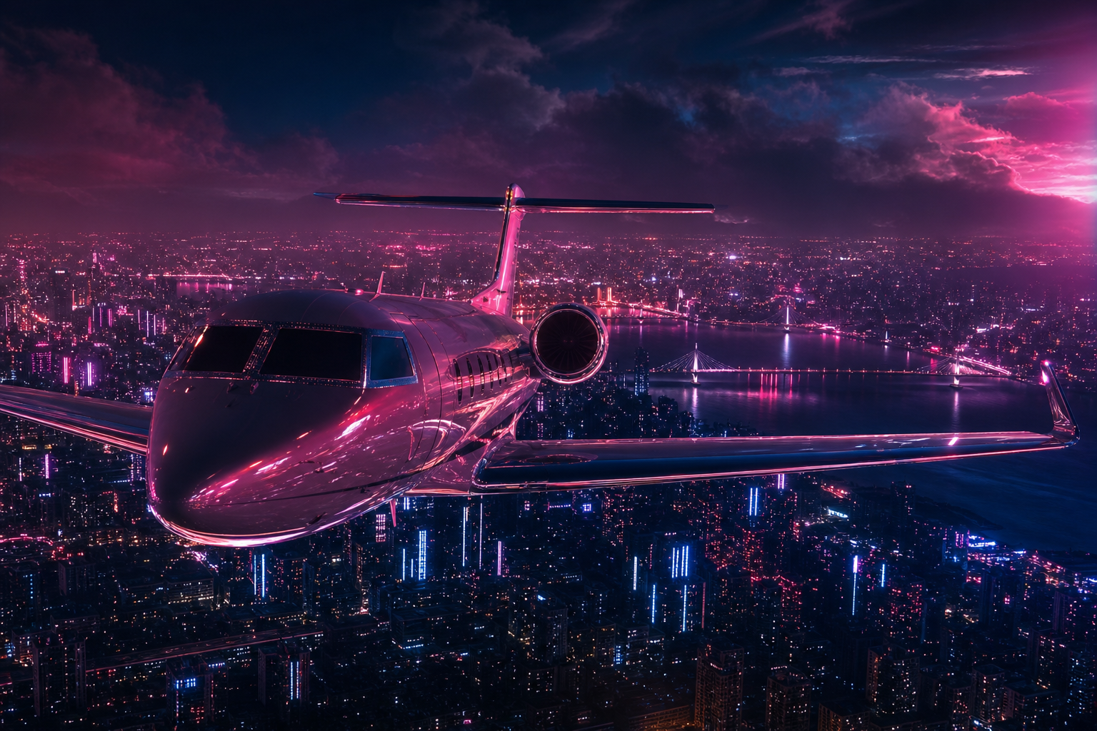 Private Jet Flying Above Night City Skyline Airplanes Wallpaper  4 4K