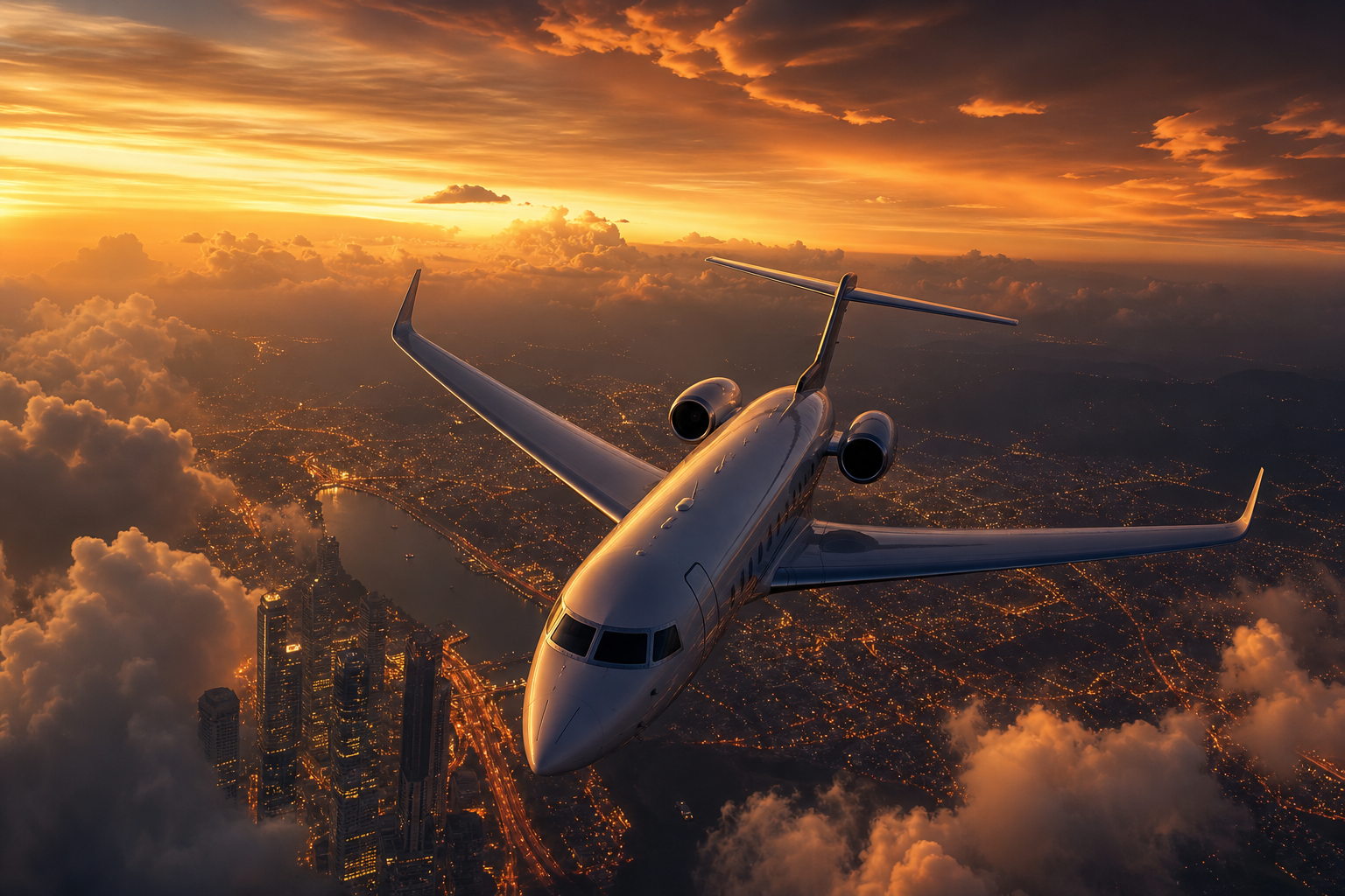 Private Jet Flying Above Night City Skyline Airplanes Wallpaper  4 4K