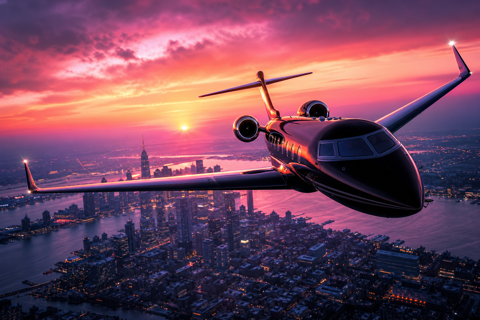 Private Jet Flying Above Night City Skyline Airplanes Wallpaper  4 4K