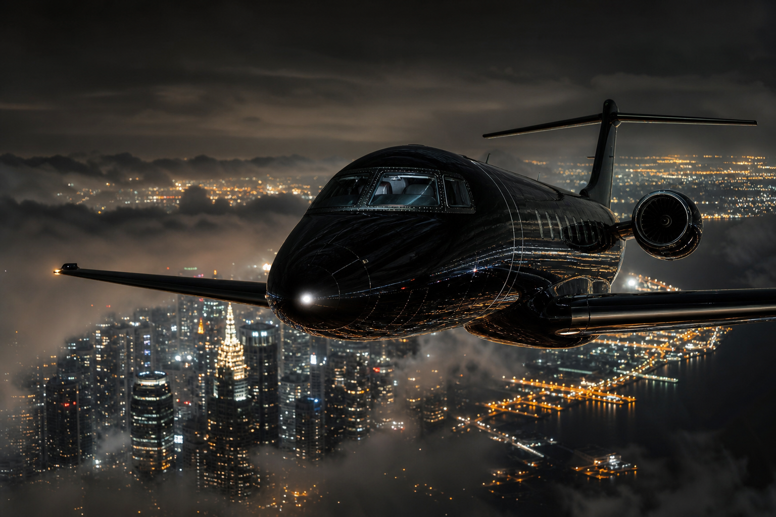 Private Jet Flying Above Night City Skyline Airplanes Wallpaper  4 4K