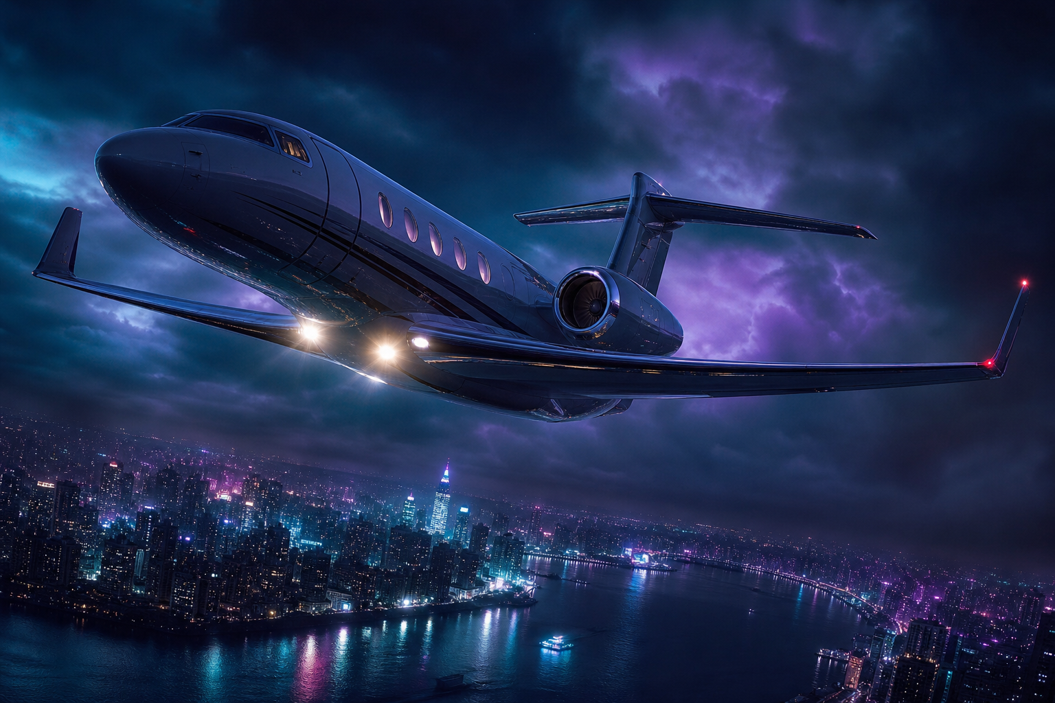 Private Jet Flying Above Night City Skyline Airplanes Wallpaper  4 4K