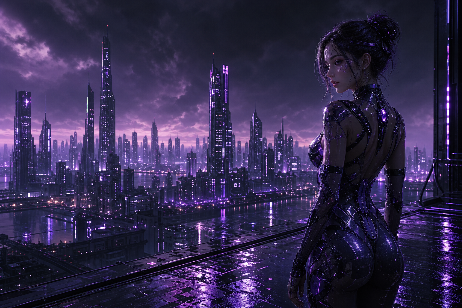 Purple Futuristic Megacity Skyline Ai-Girls Wallpaper  6 4K