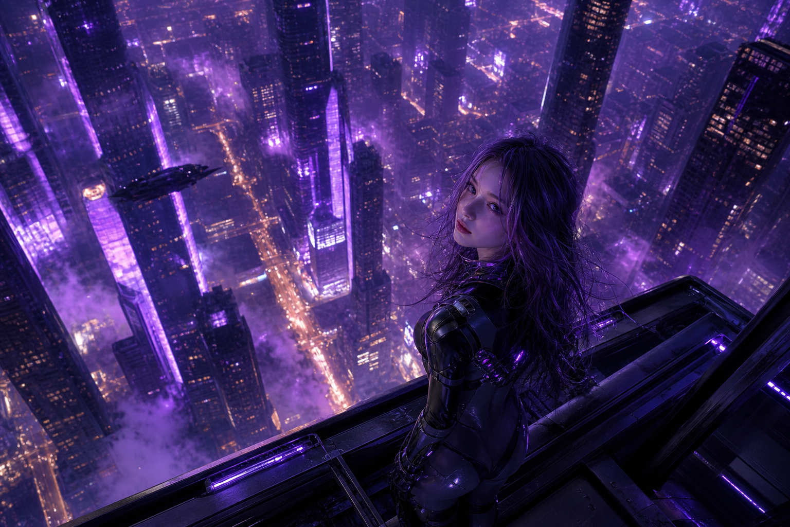 Purple Futuristic Megacity Skyline Ai-Girls Wallpaper  6 4K