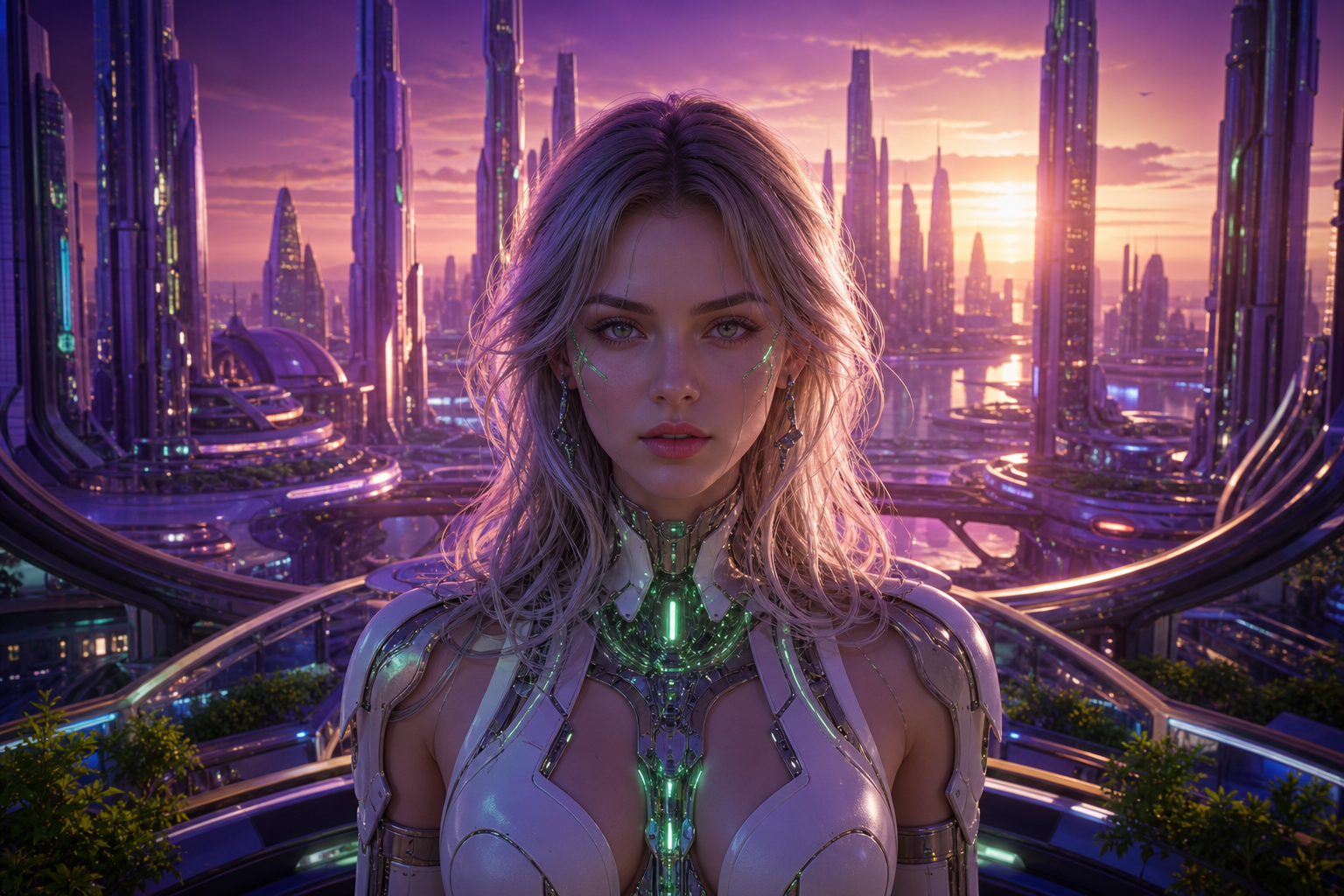 Purple Futuristic Megacity Skyline Ai-Girls Wallpaper  6 4K
