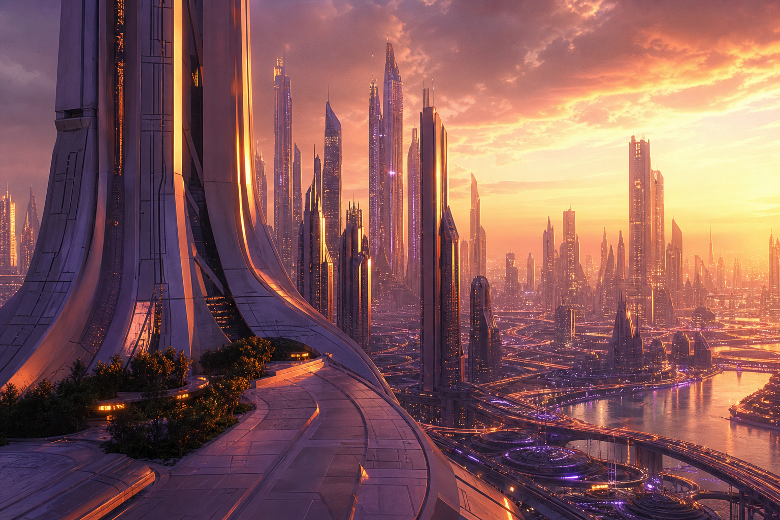Purple Futuristic Megacity Skyline Architecture Wallpaper  6 4K