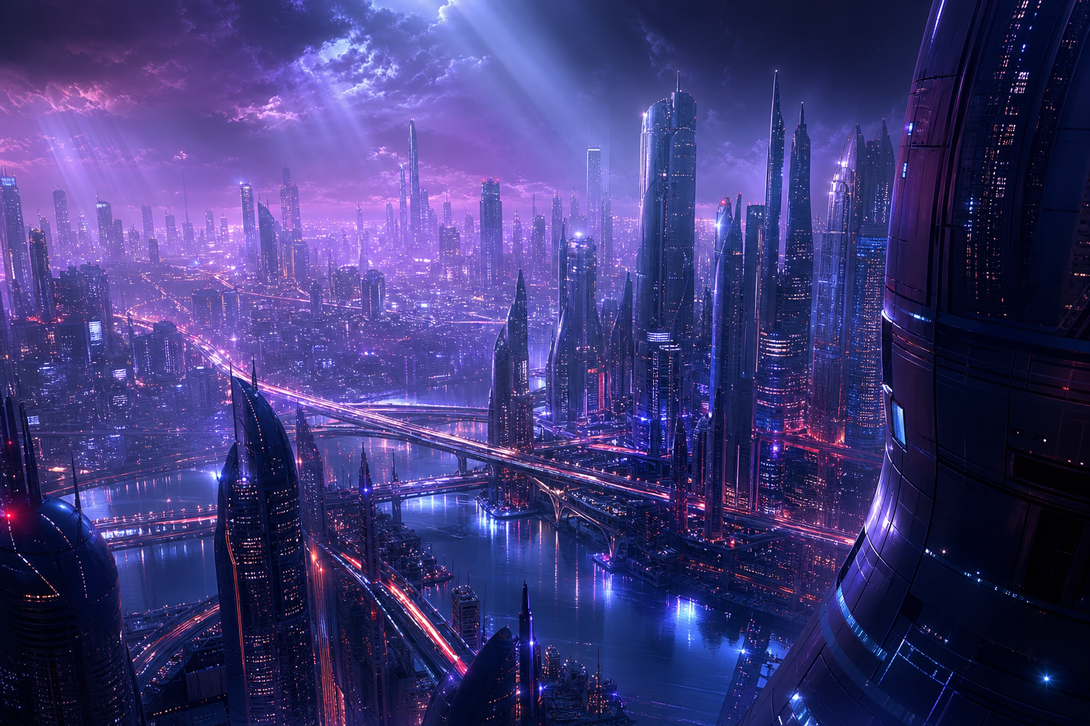 Purple Futuristic Megacity Skyline Architecture Wallpaper  6 4K