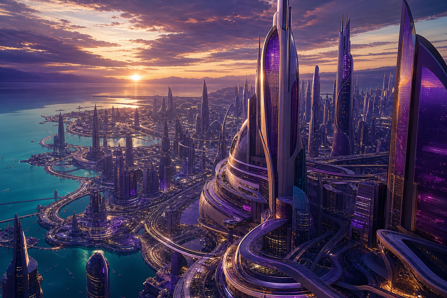 Purple Futuristic Megacity Skyline Architecture Wallpaper  6 4K