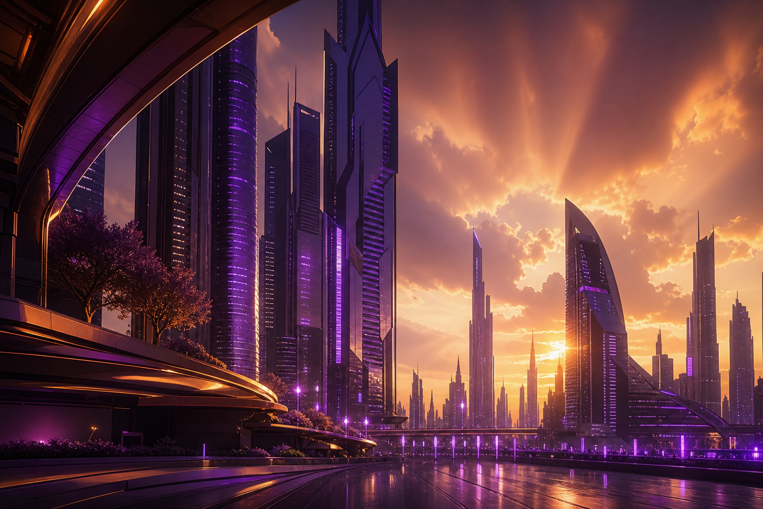 Purple Futuristic Megacity Skyline Architecture Wallpaper  6 4K