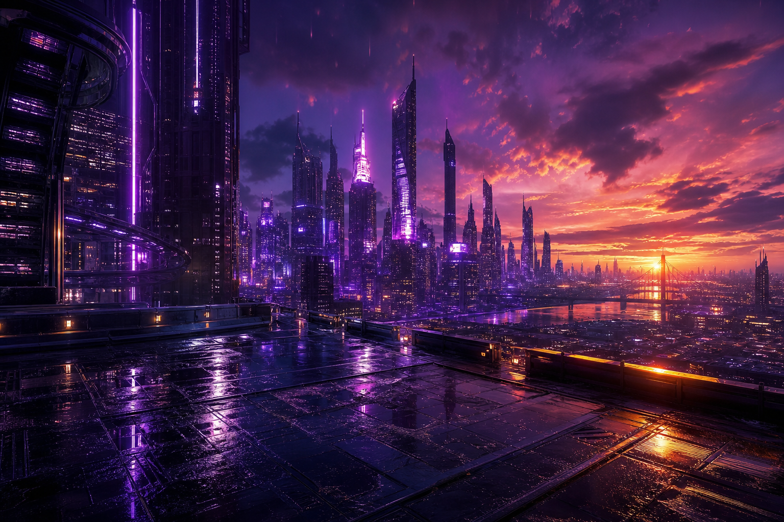 Purple Futuristic Megacity Skyline Cyberpunk Wallpaper  6 4K
