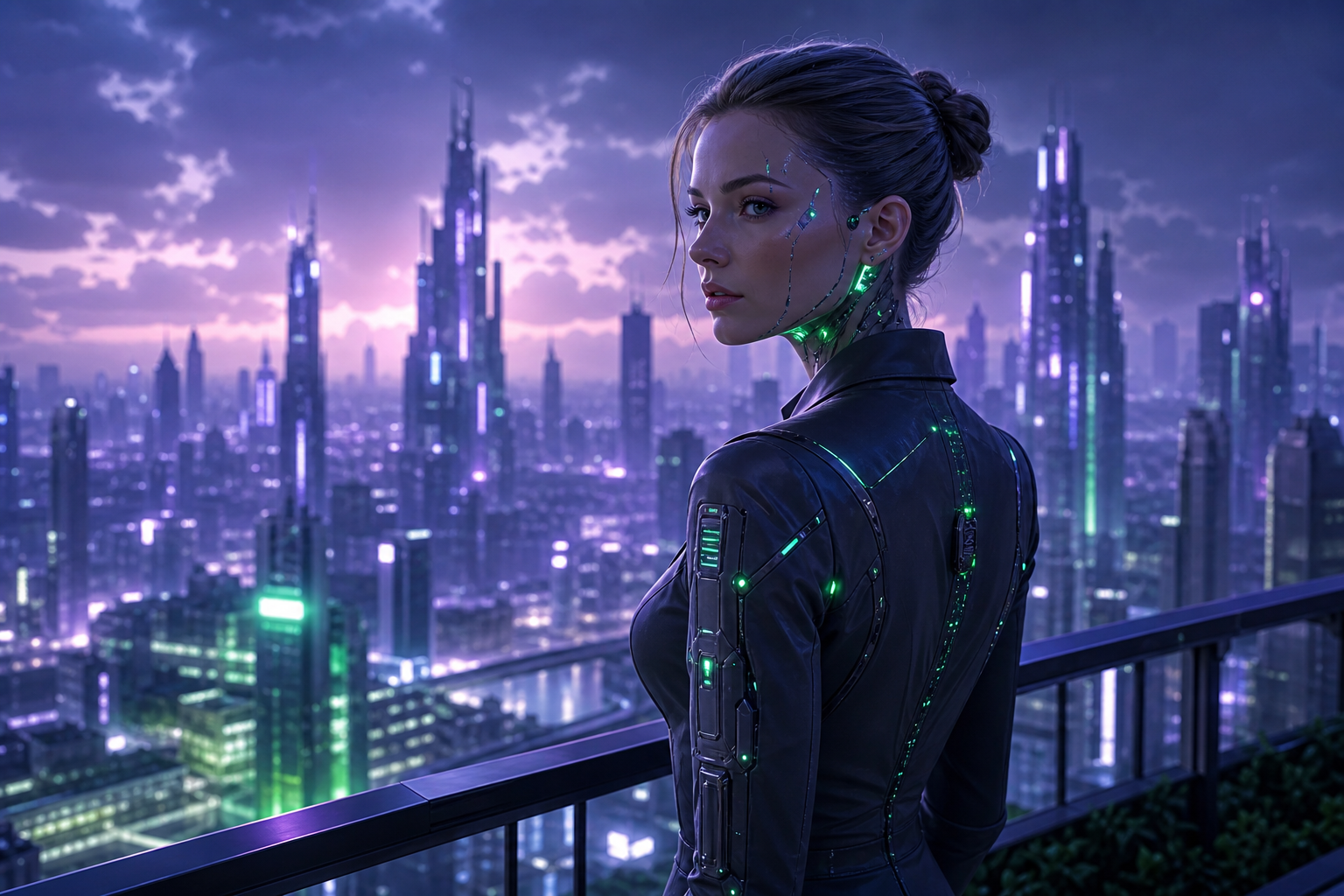 Purple Futuristic Megacity Skyline Female-Androids Wallpaper  6 4K
