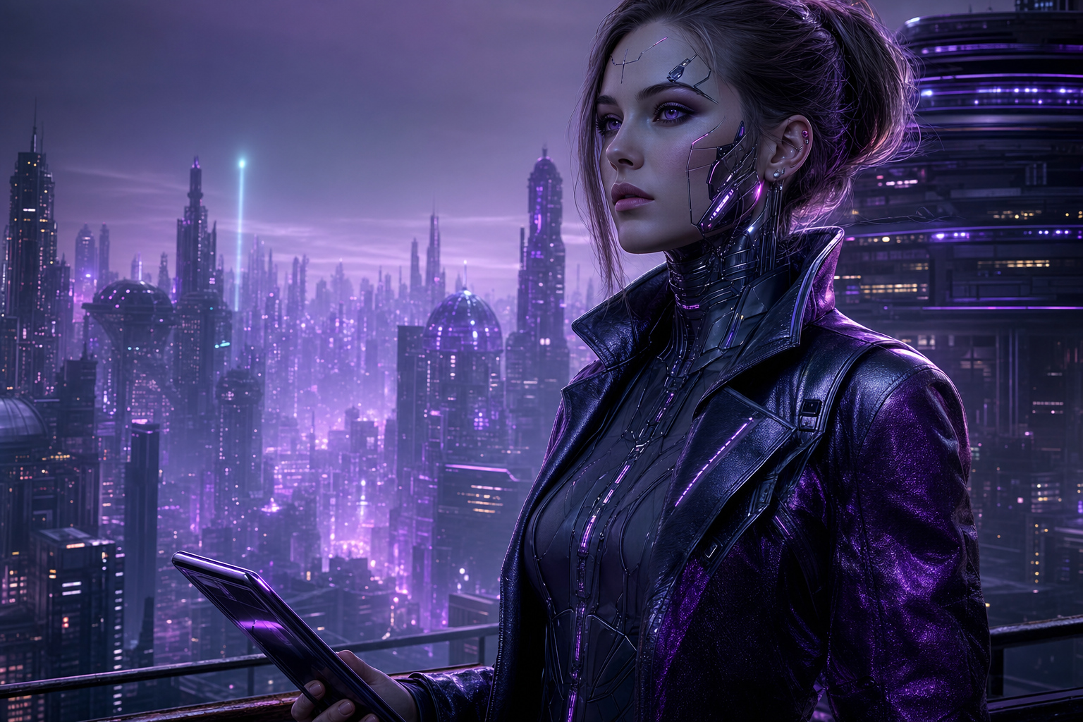 Purple Futuristic Megacity Skyline Female-Androids Wallpaper  6 4K