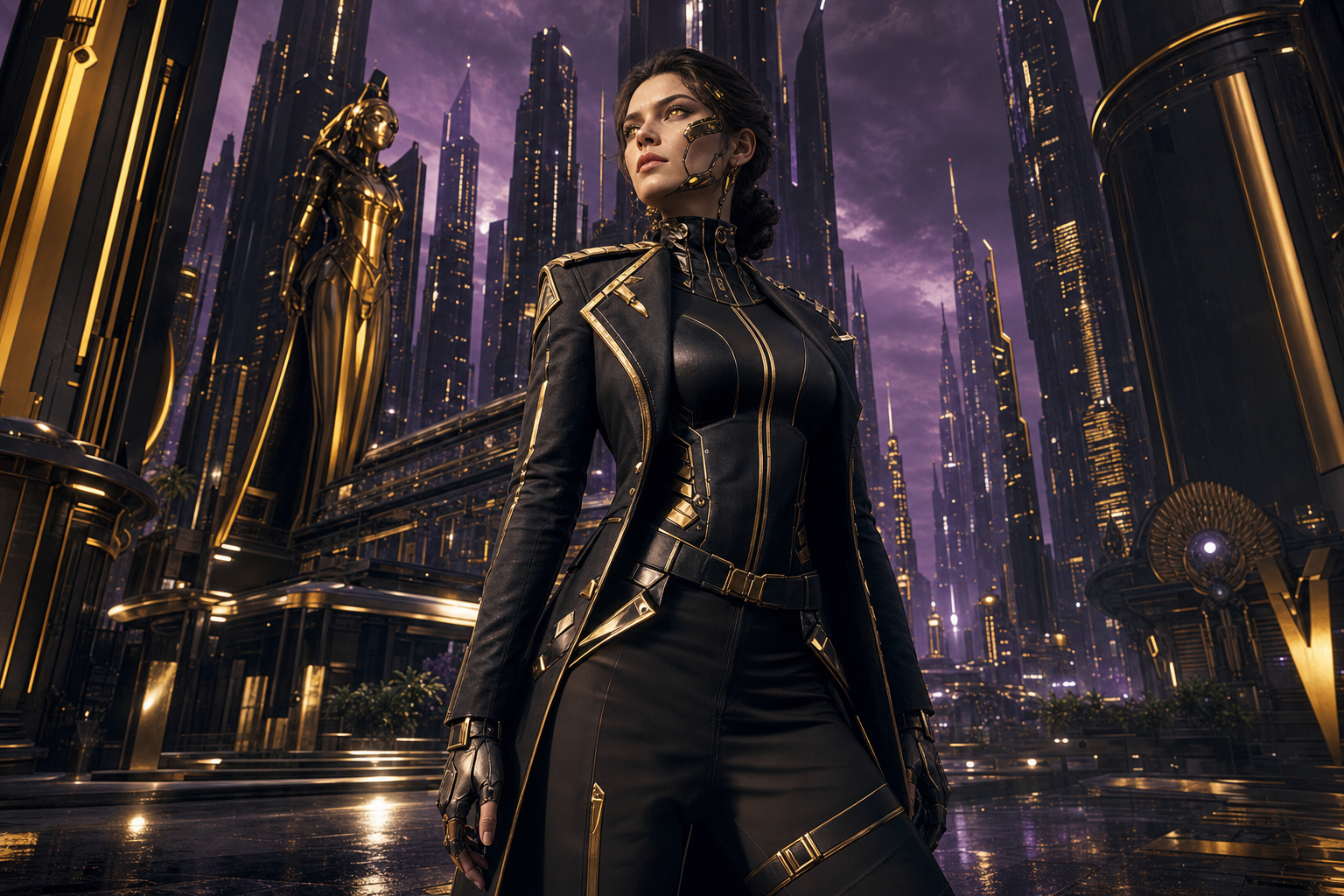 Purple Futuristic Megacity Skyline Female-Androids Wallpaper  6 4K