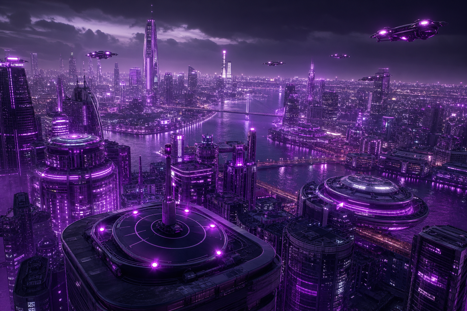 Purple Futuristic Megacity Skyline Hamster-Robotics Wallpaper  6 4K