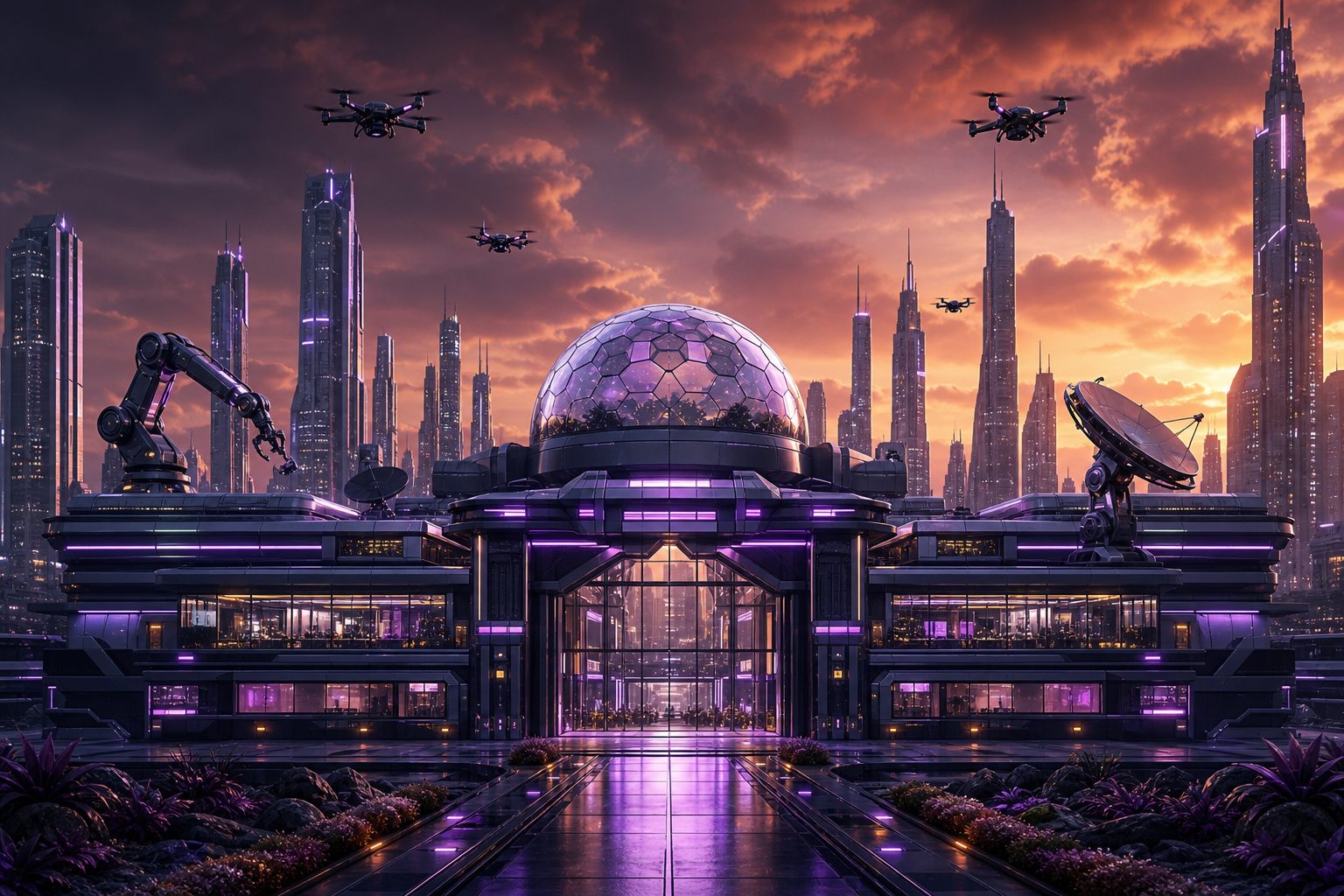 Purple Futuristic Megacity Skyline Hamster Robotics Wallpaper 6 4K 11 4K Hamster Robotics Wallpaper
