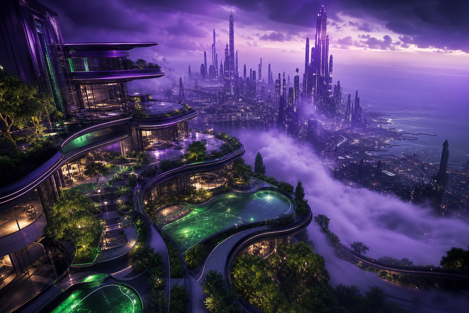 Purple Futuristic Megacity Skyline Luxury-Villas Wallpaper  6 4K
