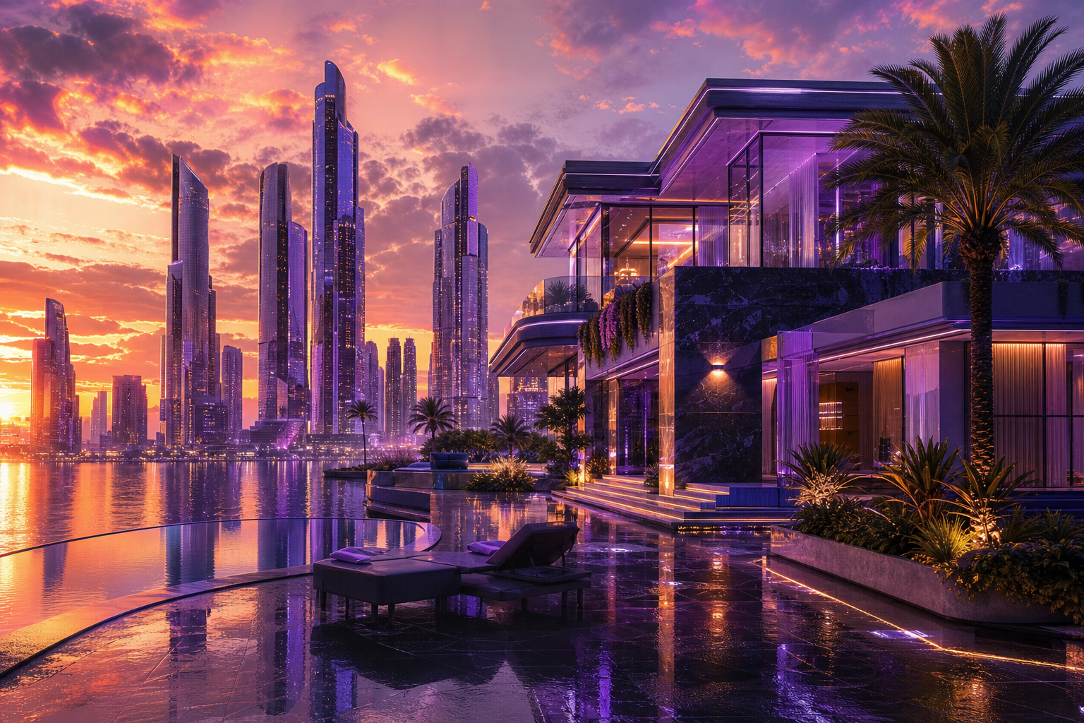 Purple Futuristic Megacity Skyline Luxury-Villas Wallpaper  6 4K