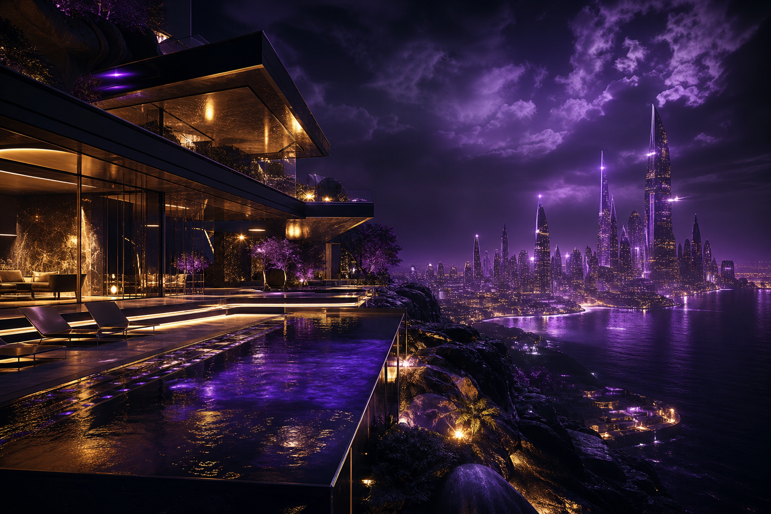 Purple Futuristic Megacity Skyline Luxury-Villas Wallpaper  6 4K