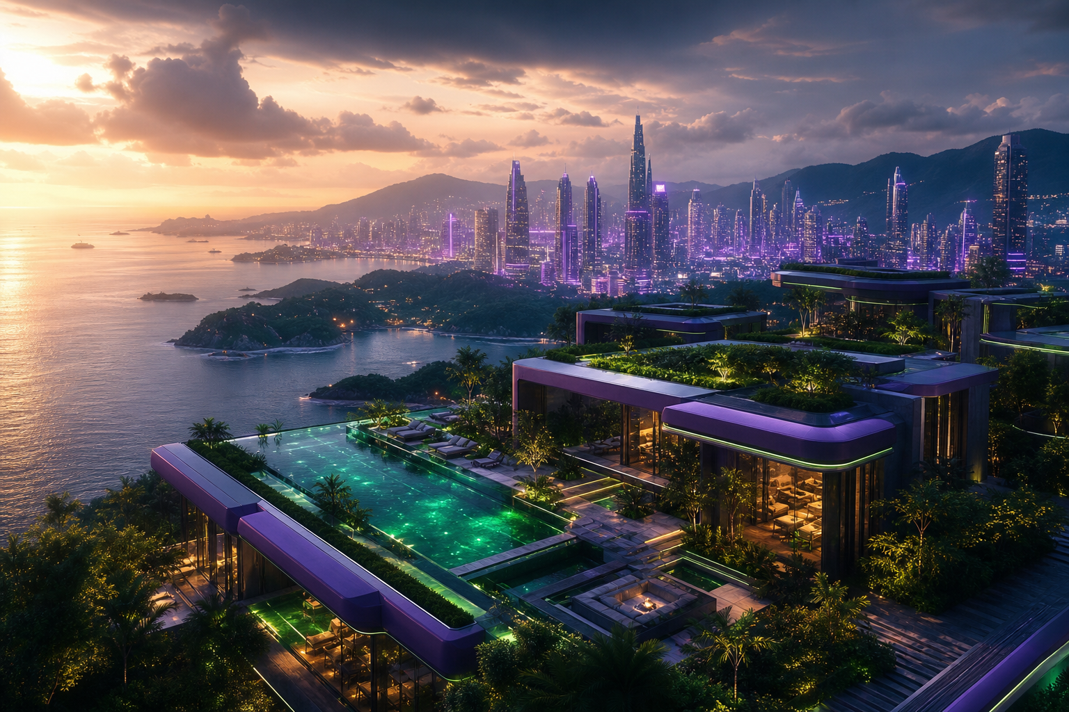 Purple Futuristic Megacity Skyline Luxury-Villas Wallpaper  6 4K