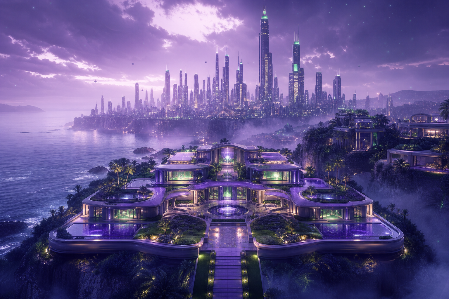 Purple Futuristic Megacity Skyline Luxury-Villas Wallpaper  6 4K