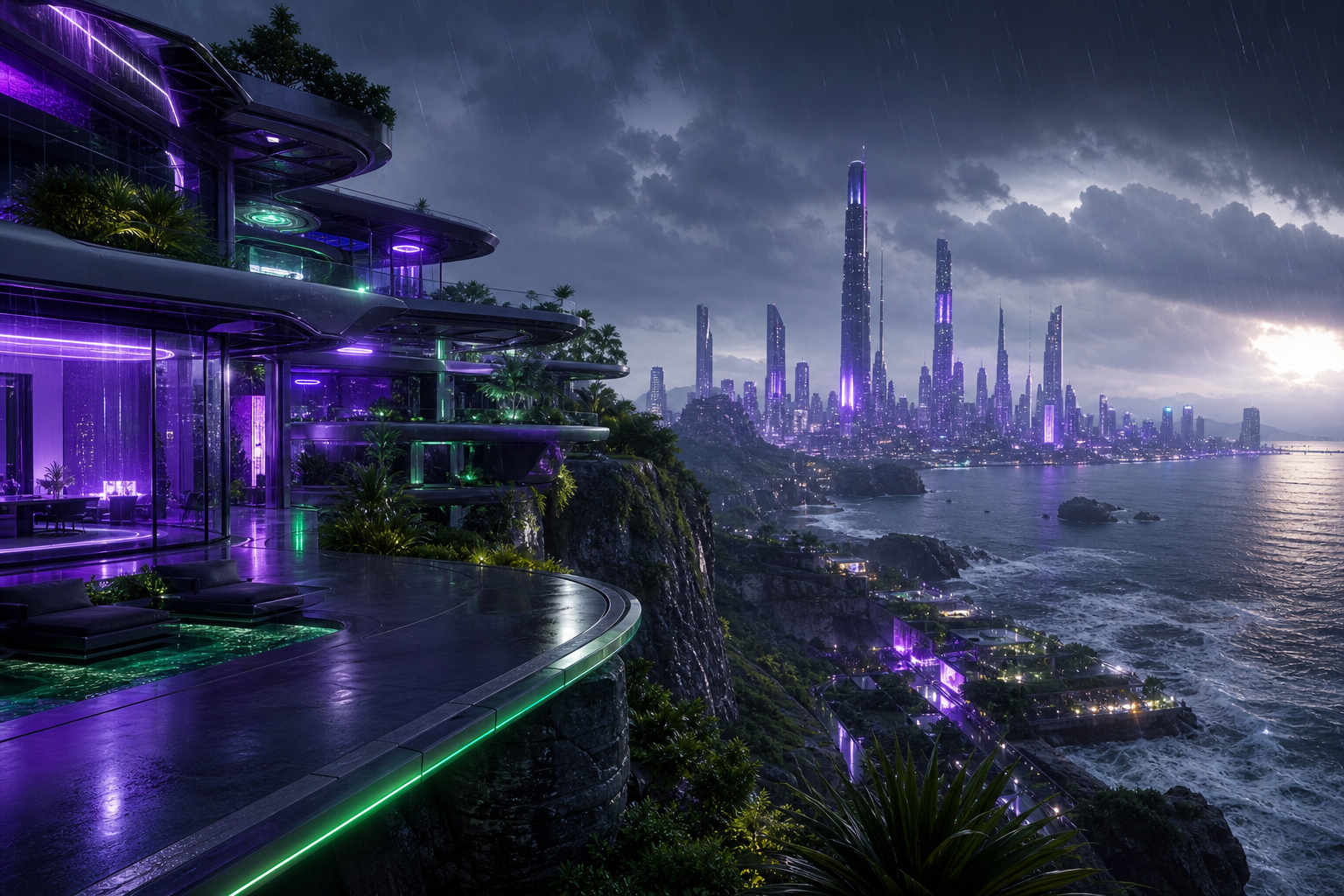 Purple Futuristic Megacity Skyline Luxury-Villas Wallpaper  6 4K