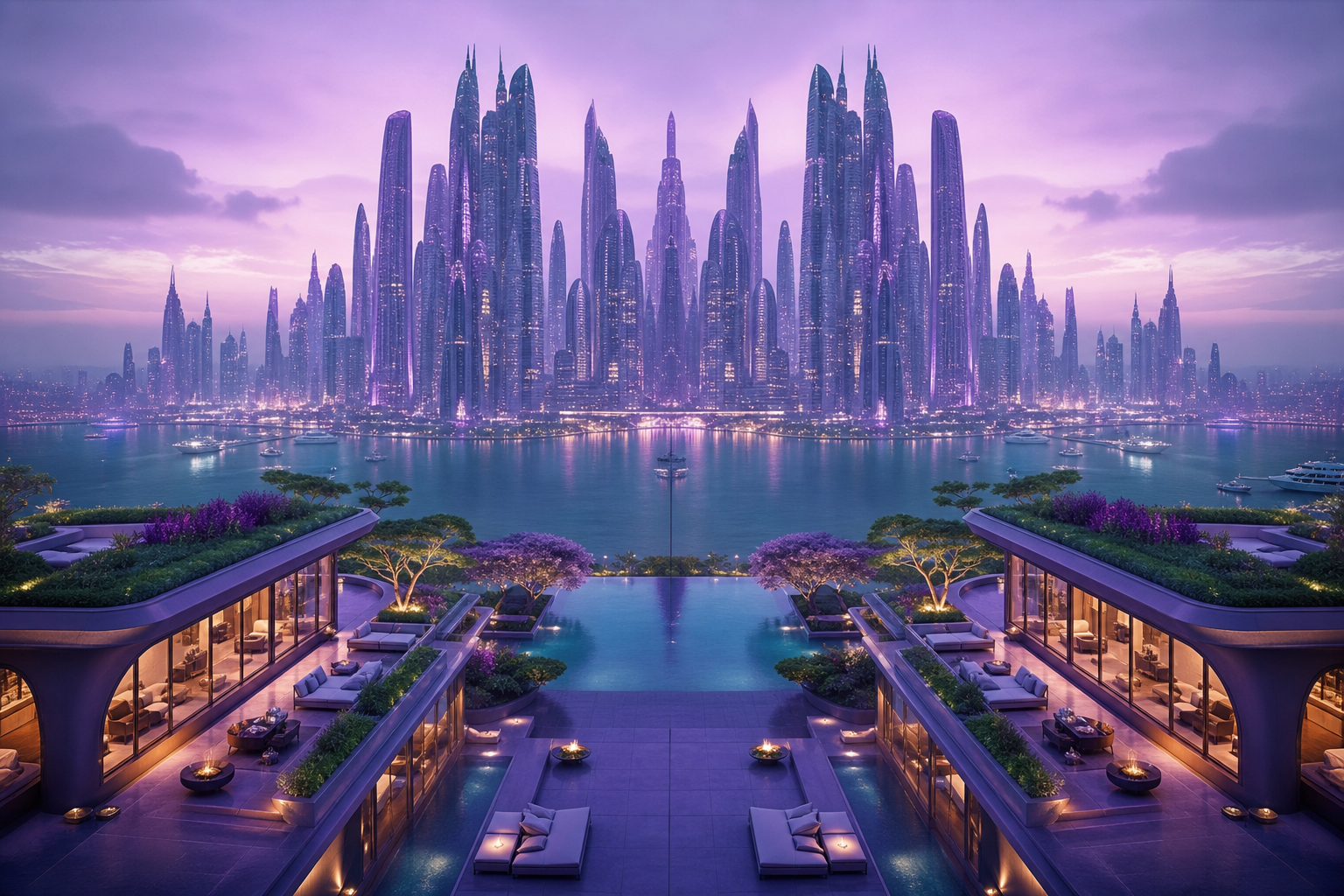 Purple Futuristic Megacity Skyline Luxury-Villas Wallpaper  6 4K
