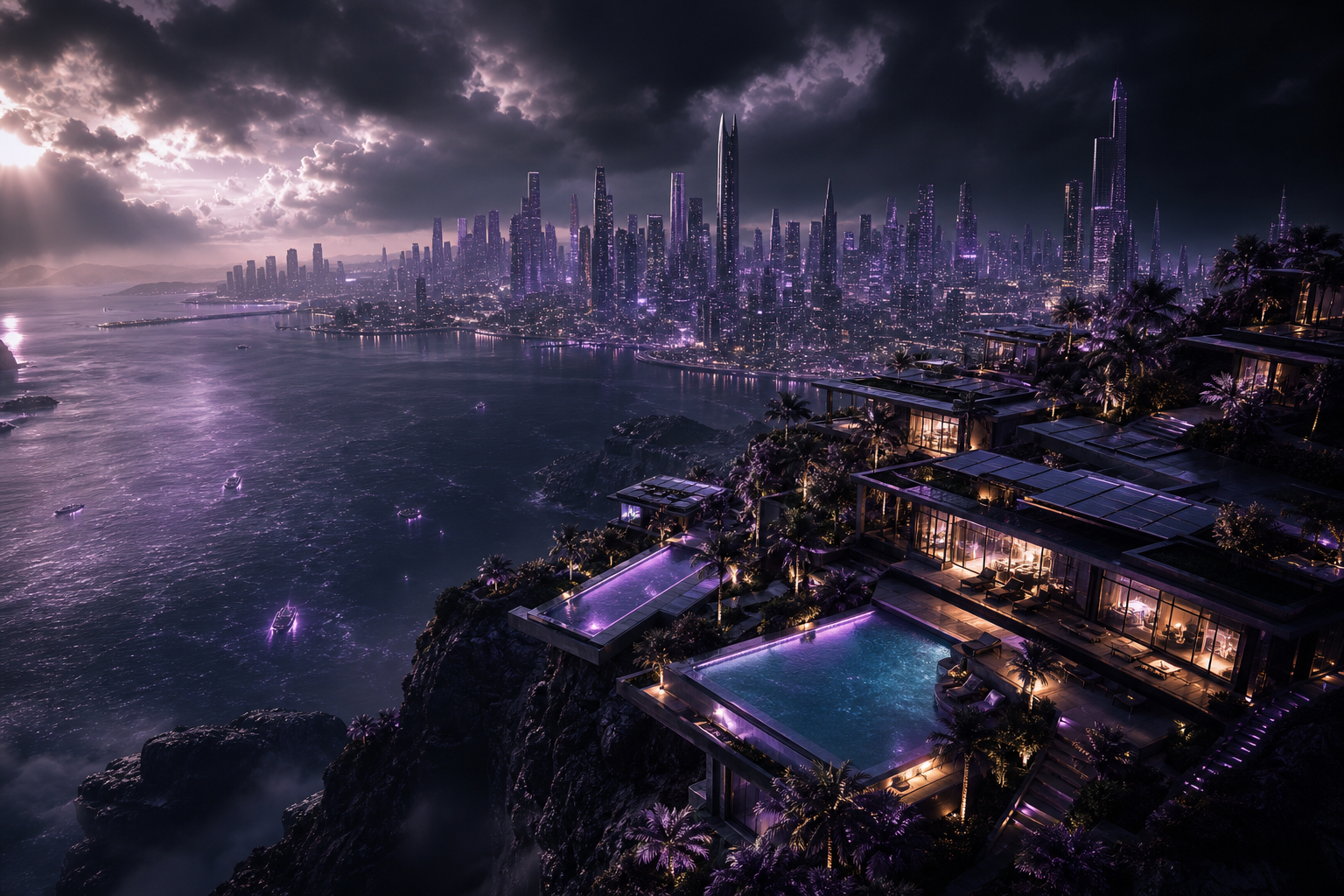 Purple Futuristic Megacity Skyline Luxury-Villas Wallpaper  6 4K