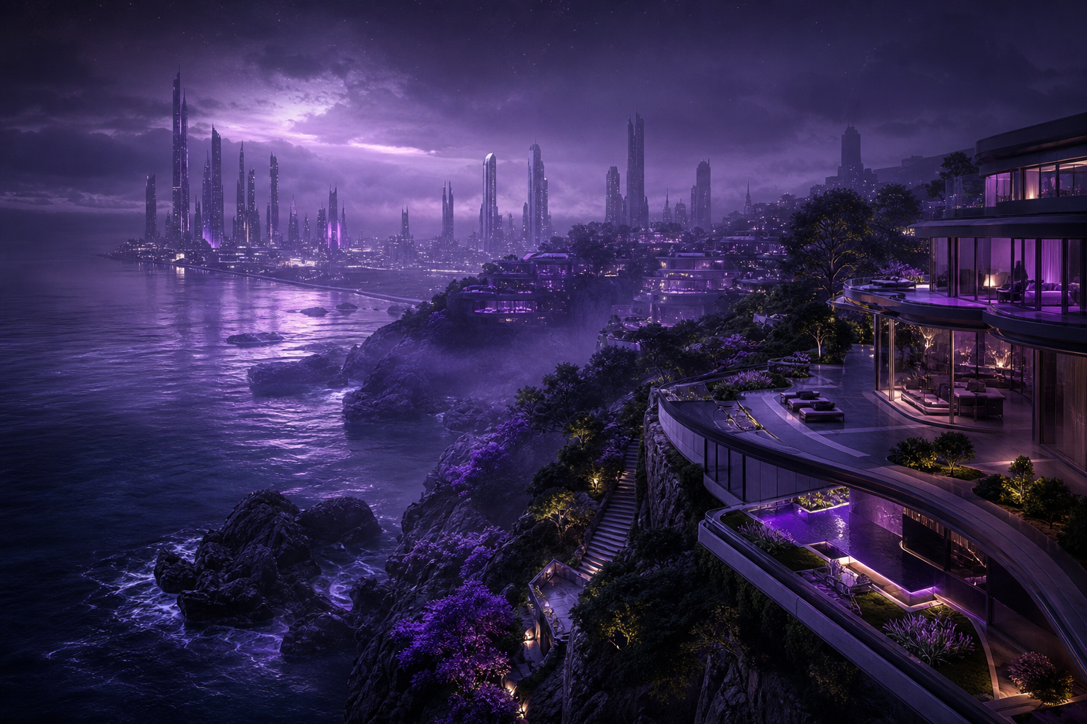 Purple Futuristic Megacity Skyline Luxury-Villas Wallpaper  6 4K
