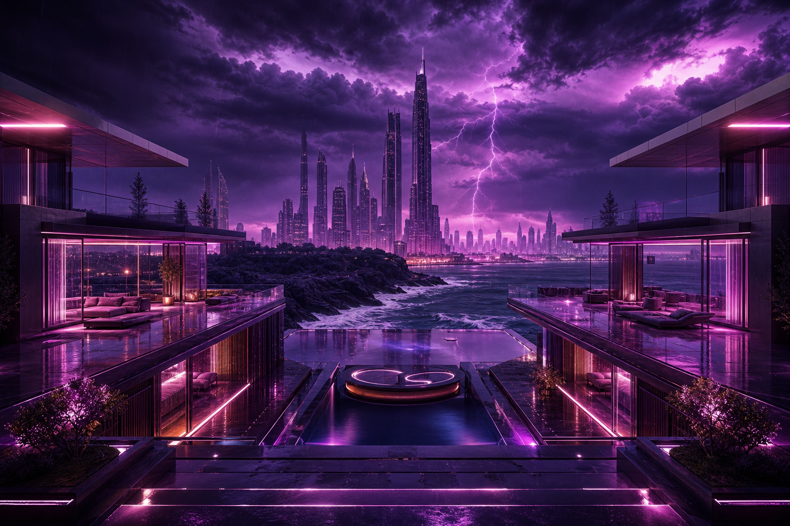 Purple Futuristic Megacity Skyline Luxury-Villas Wallpaper  6 4K