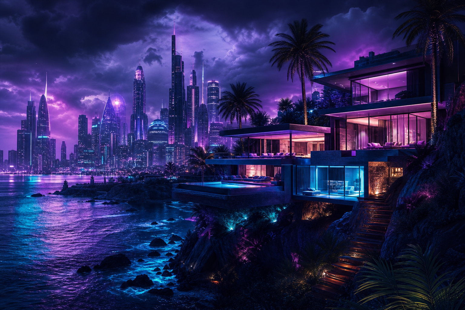 Purple Futuristic Megacity Skyline Luxury-Villas Wallpaper  6 4K