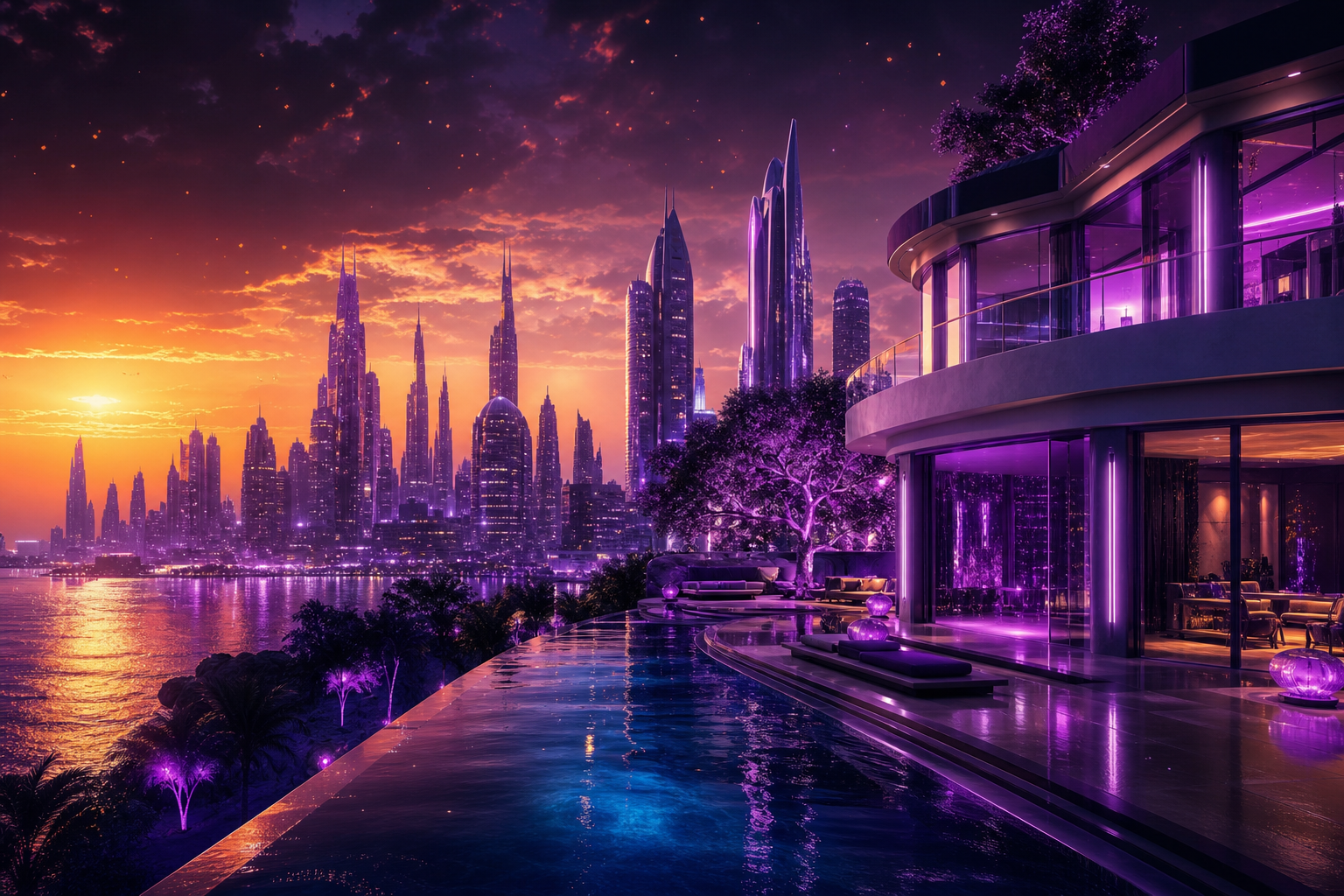 Purple Futuristic Megacity Skyline Luxury-Villas Wallpaper  6 4K