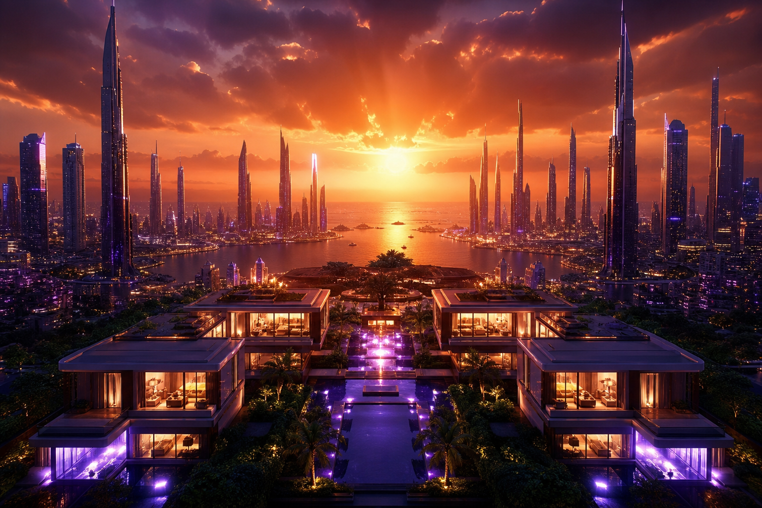 Purple Futuristic Megacity Skyline Luxury-Villas Wallpaper  6 4K