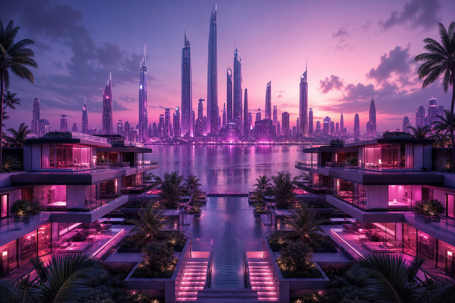 Purple Futuristic Megacity Skyline Luxury-Villas Wallpaper  6 4K