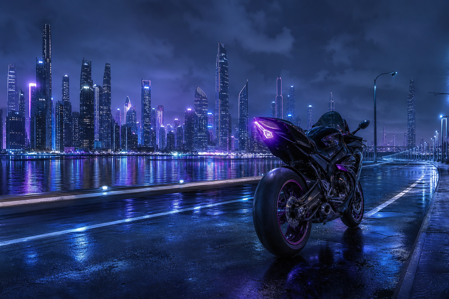 Purple Futuristic Megacity Skyline Motorcycles Wallpaper  6 4K