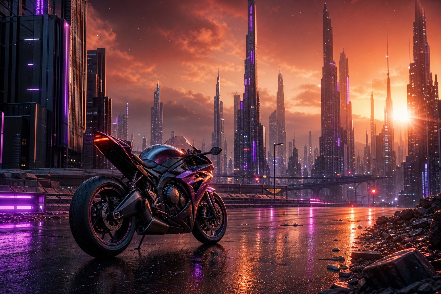Purple Futuristic Megacity Skyline Motorcycles Wallpaper  6 4K