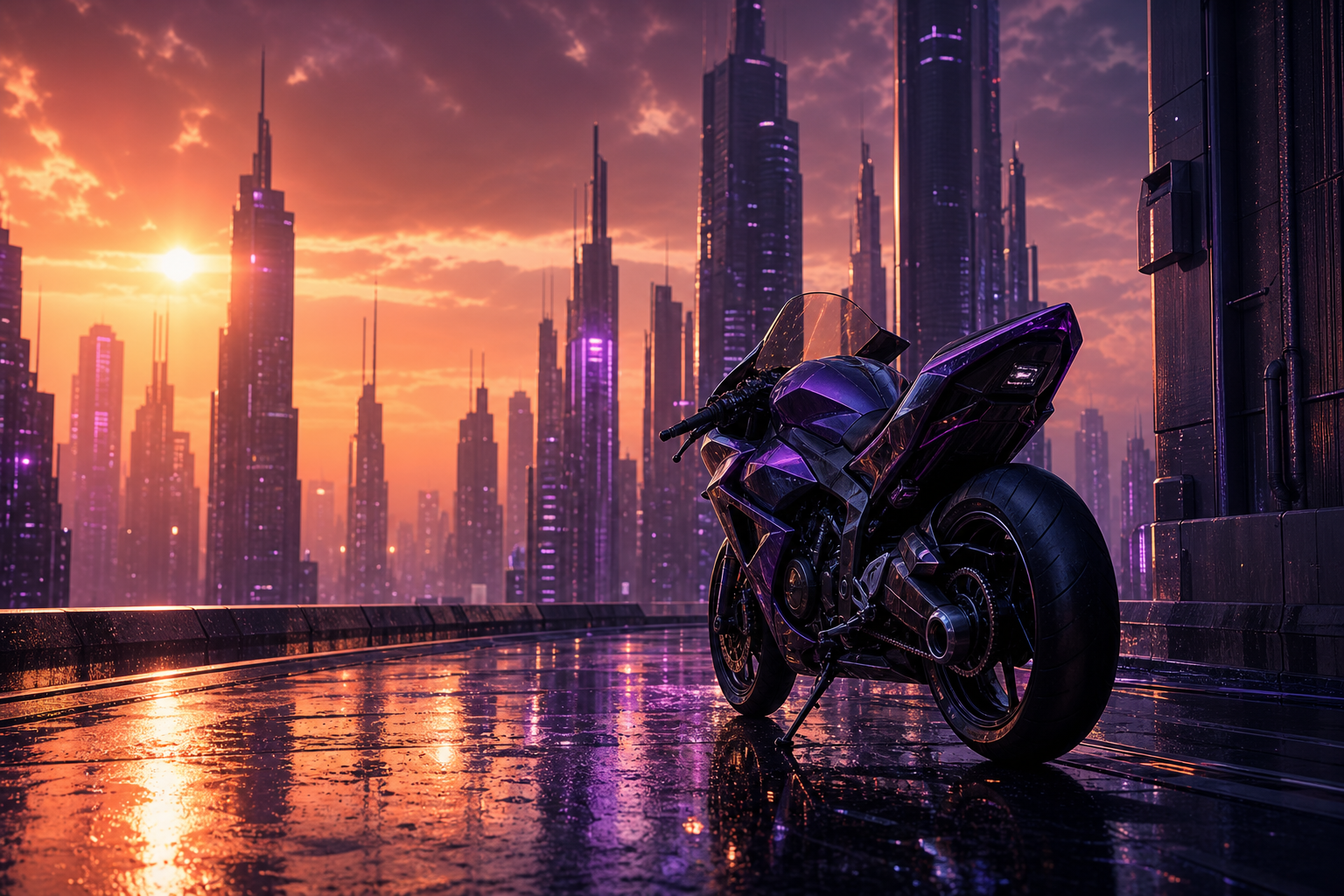 Purple Futuristic Megacity Skyline Motorcycles Wallpaper  6 4K