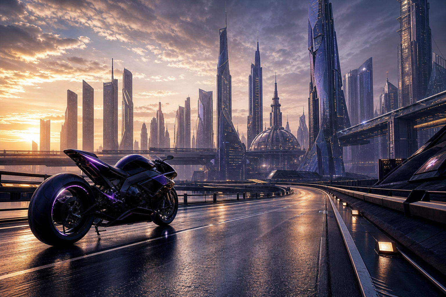 Purple Futuristic Megacity Skyline Motorcycles Wallpaper  6 4K