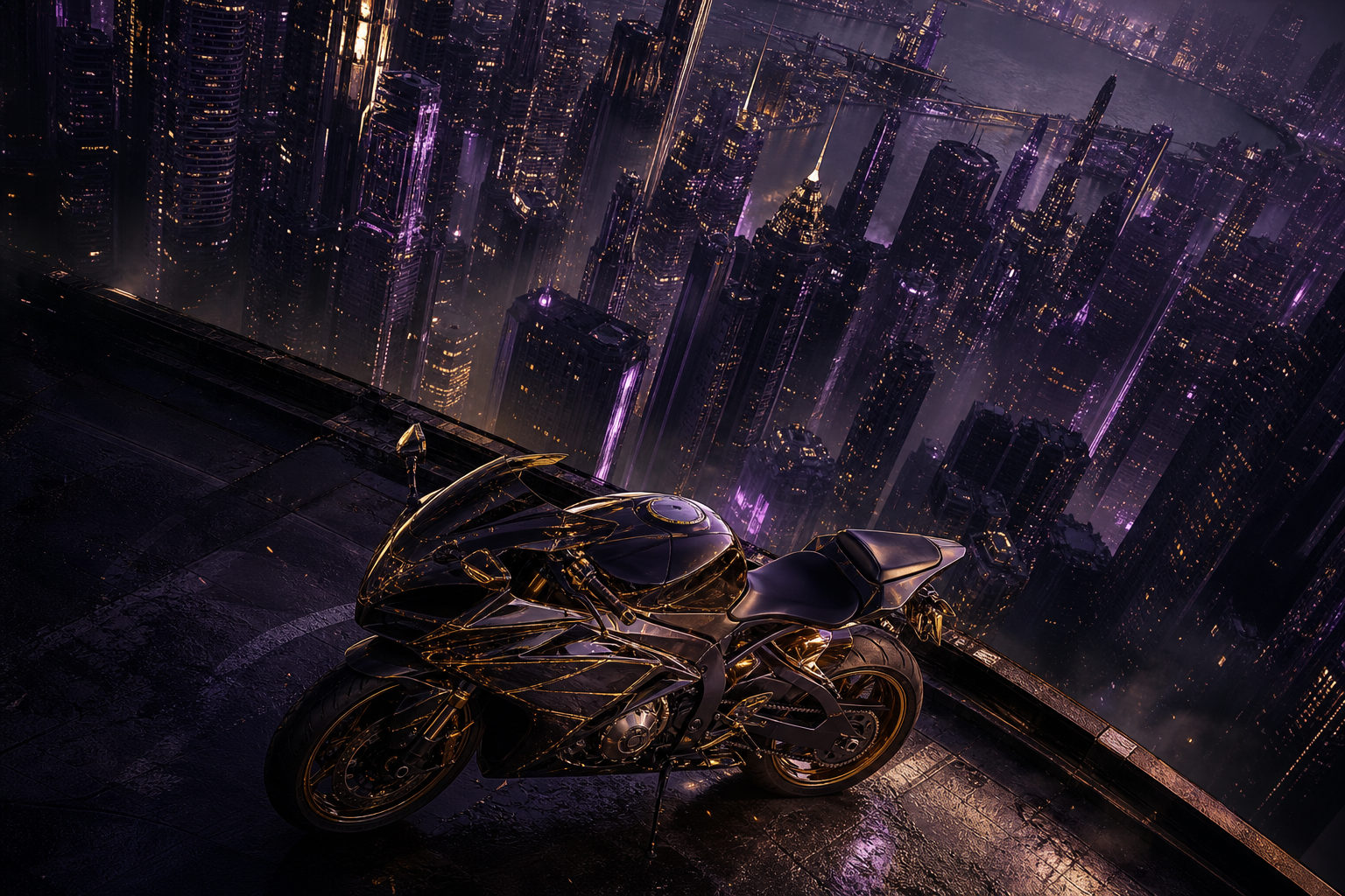 Purple Futuristic Megacity Skyline Motorcycles Wallpaper  6 4K