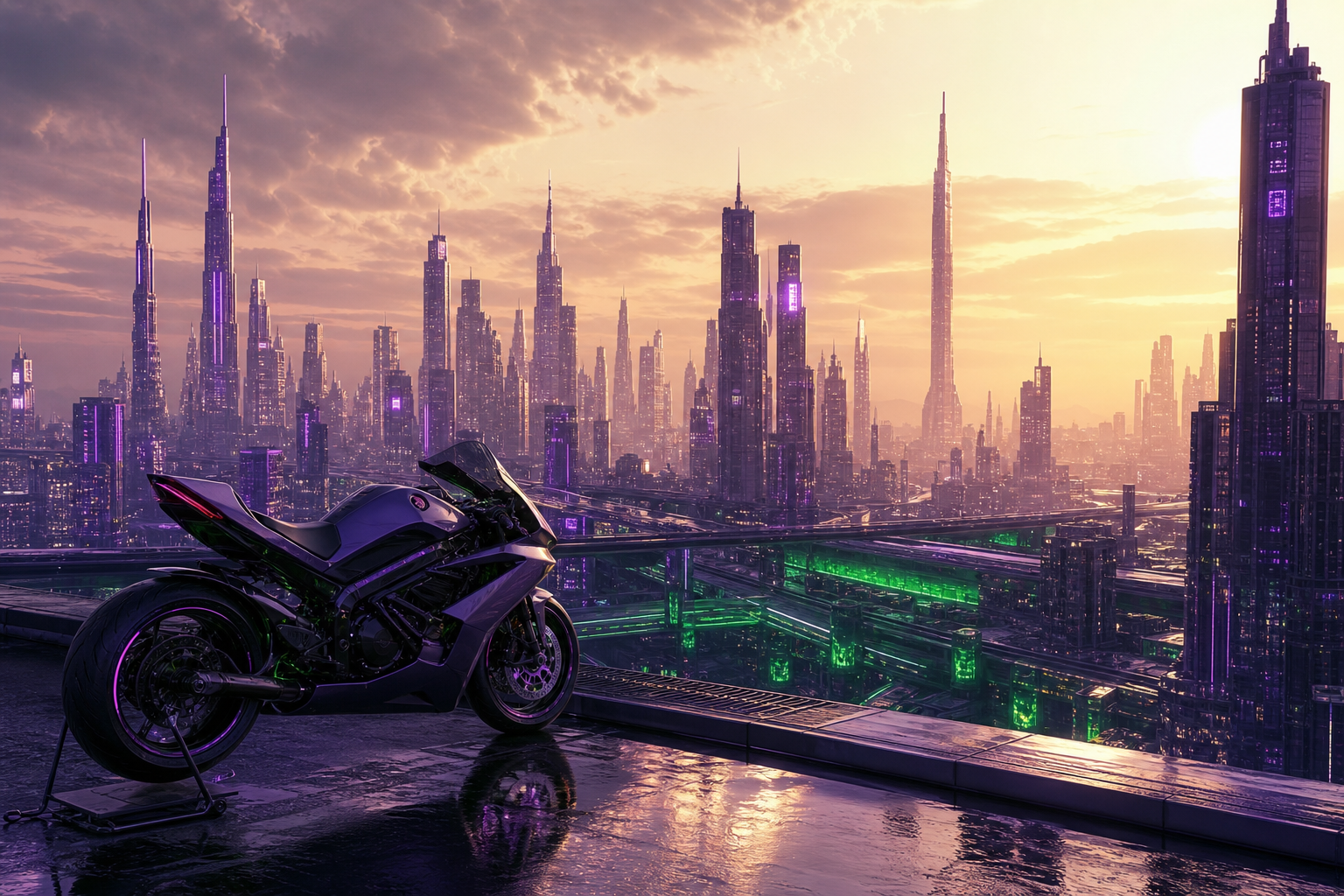 Purple Futuristic Megacity Skyline Motorcycles Wallpaper 6 4K 10 4K Motorcycles Wallpaper