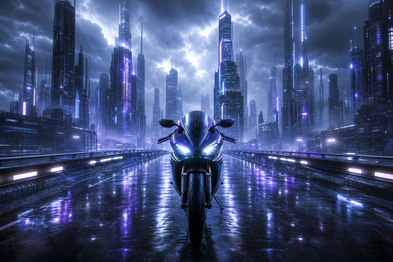 Purple Futuristic Megacity Skyline Motorcycles Wallpaper  6 4K