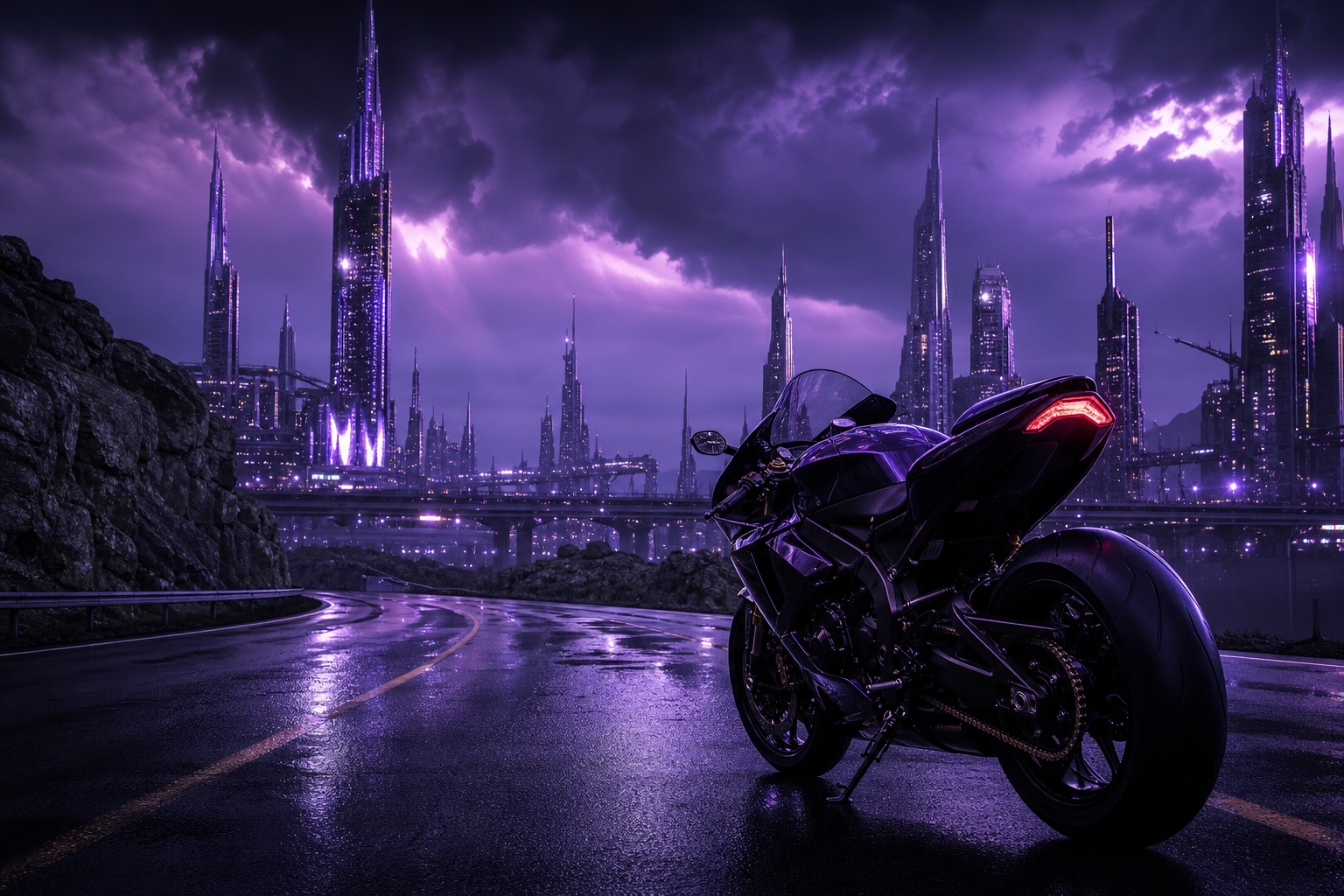 Purple Futuristic Megacity Skyline Motorcycles Wallpaper  6 4K