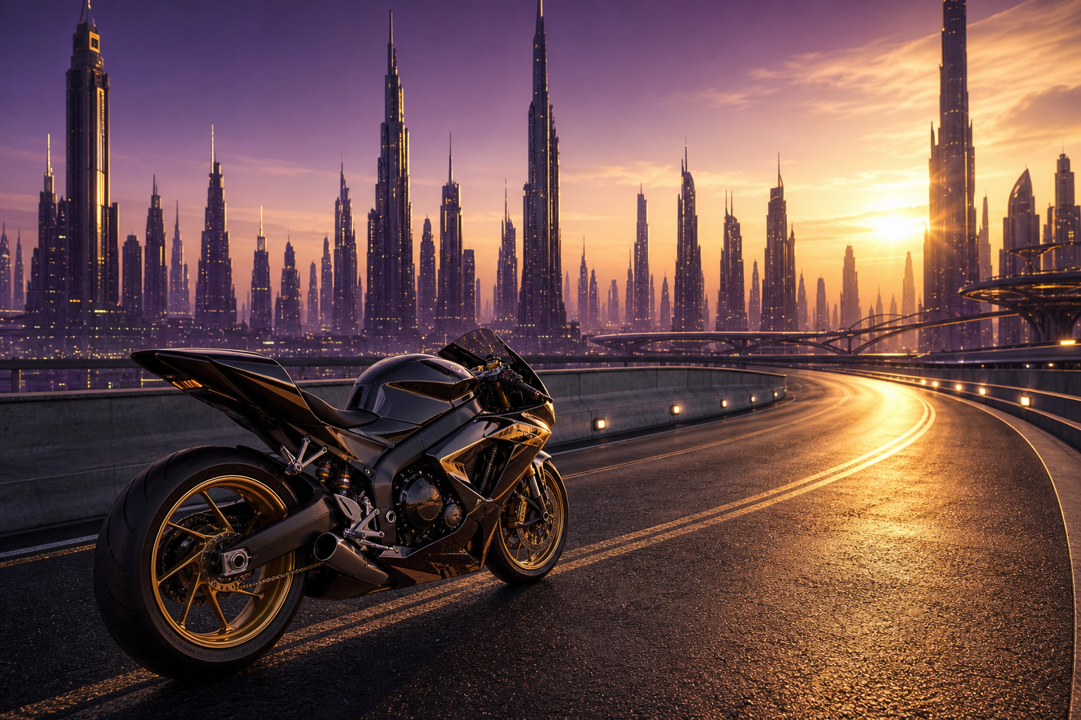 Purple Futuristic Megacity Skyline Motorcycles Wallpaper  6 4K